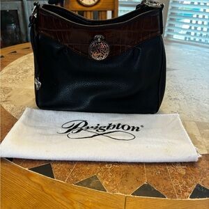 Brighton Black Leather Shoulder Bag Brown Croc Trim with Dust Bag